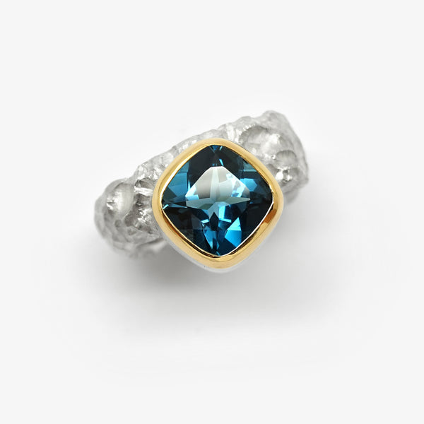 SILVER TREASURE RING - CUSHION LONDON BLUE TOPAZ
