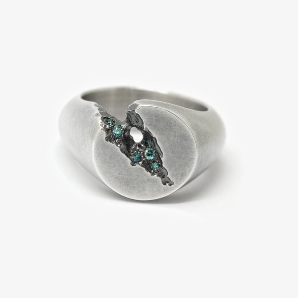 GEODE SIGNET RING - 14MM ROUND + BLUE DIAMONDS