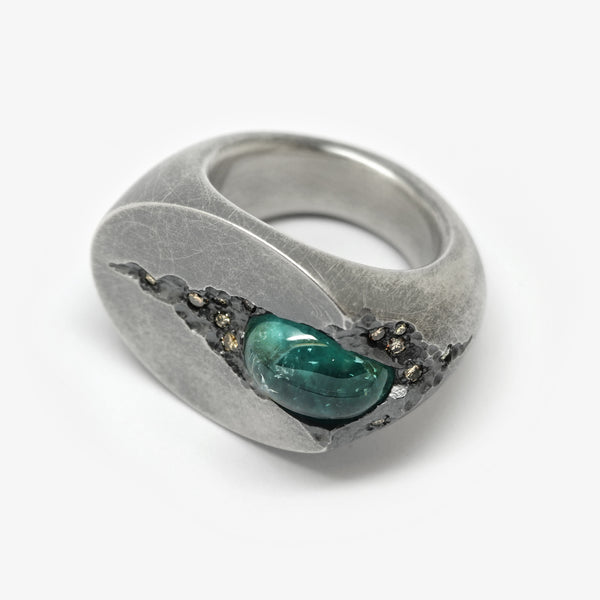GEODE SIGNET RING - 20x27MM OVAL + TEAL TOURMALINE