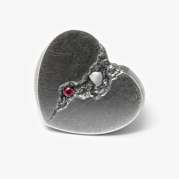 GEODE SIGNET RING - 29x25MM HEART + RED RUBY