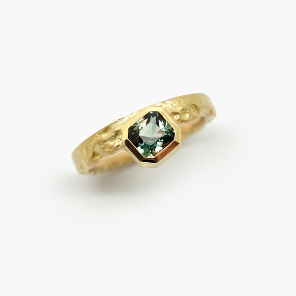 YELLOW GOLD TREASURE RING - OCTAGON TEAL SAPPHIRE