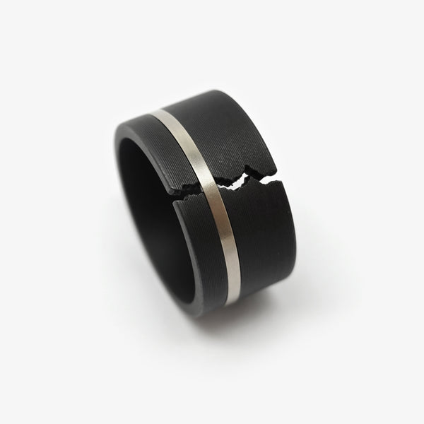 CRACKLE RING - BLACK + WHITE GOLD BAND - RECTANGULAR 13