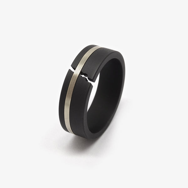 CRACKLE RING - BLACK + WHITE GOLD BAND - RECTANGULAR 9
