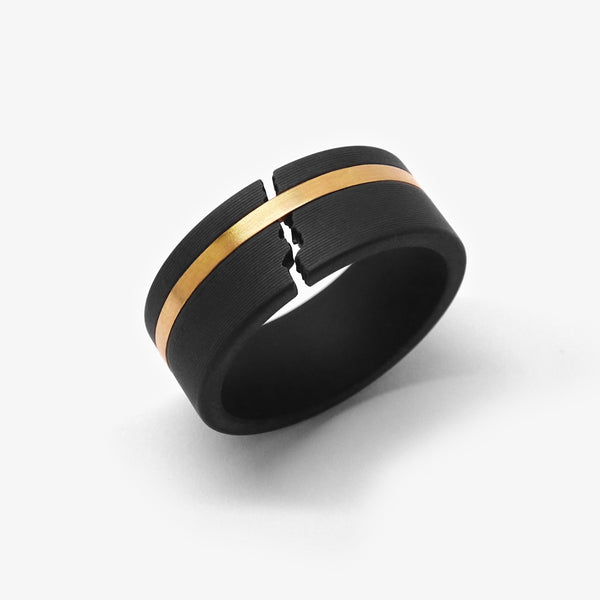CRACKLE RING - BLACK + YELLOW GOLD BAND - RECTANGULAR 9