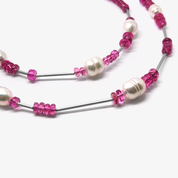 LONG LINEA NECKLACE - PINK & PLATINUM & PEARL